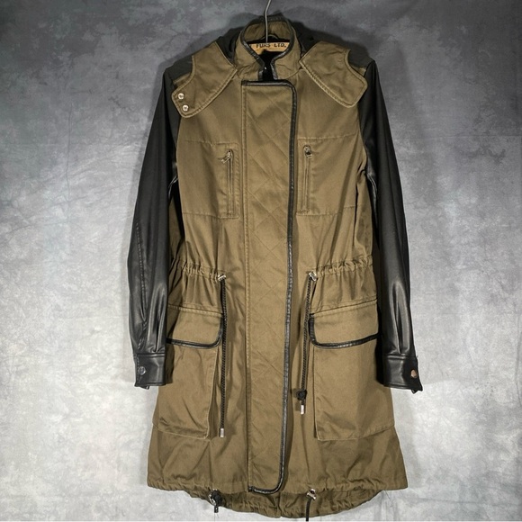 Zara Jackets & Blazers - Zara Khaki / Black Jacket Hooded Coat Sz XS Faux Leather Sleeves Long Military